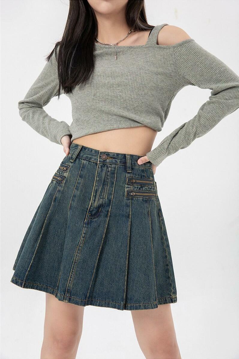 Trendy Pleated Denim Mini Skirt - Y2K Aesthetic & Coquette Style