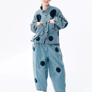 Trendy Polka Dot Denim Jacket - Y2K Aesthetic Coquette Style Outerwear