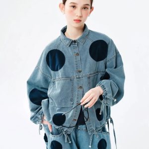 Trendy Polka Dot Denim Jacket - Y2K Aesthetic Coquette Style Outerwear