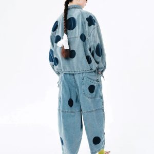 Trendy Polka Dot Denim Jacket - Y2K Aesthetic Coquette Style Outerwear