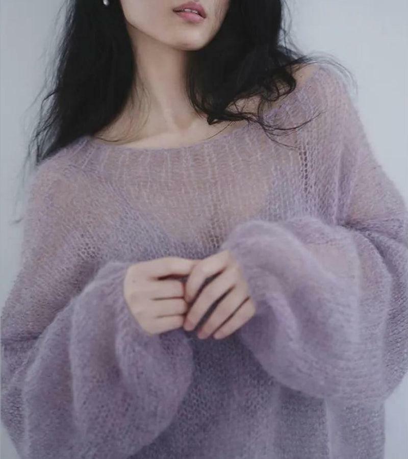 Trendy Puff Sleeved Mesh Knit Sweater - Y2K Aesthetic Clothing