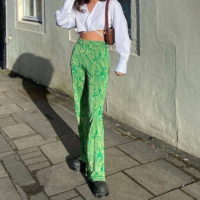 Trendy Straight Leg Green Y2K Pants for Aesthetic Outfits