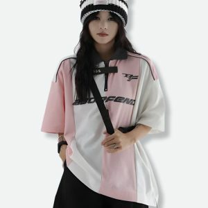 Trendy Striped Half Zip-Up Jersey Top for Y2K Aesthetic Outfits