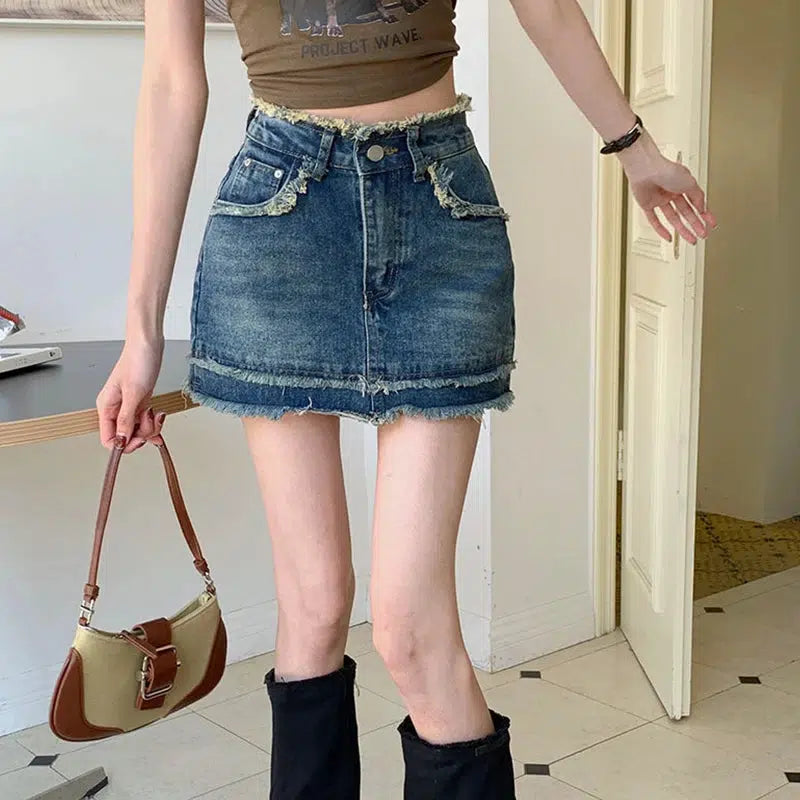 Trendy Tasseled Denim Mini Skort - Y2K Aesthetic & Coquette Style