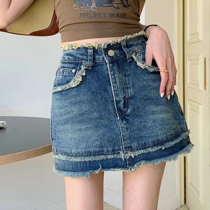 Trendy Tasseled Denim Mini Skort - Y2K Aesthetic & Coquette Style