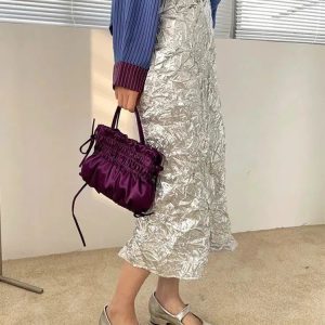 Trendy Wrinkled Silver Midi Skirt - Y2K Aesthetic & Coquette Style