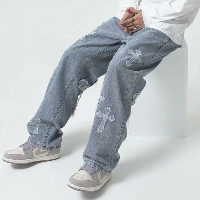 Trendy Y2K Aesthetic Cross Patchwork Baggy Jeans for Unique Styles