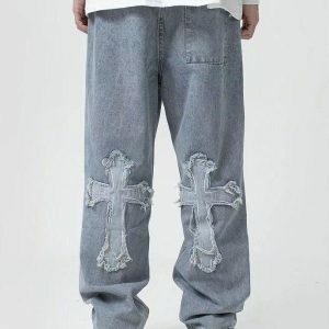 Trendy Y2K Aesthetic Cross Patchwork Baggy Jeans for Unique Styles