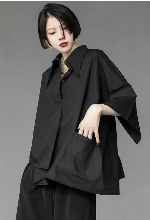 Trendy Y2K Asymmetric Black Korean Shirt for Aesthetic Outfits