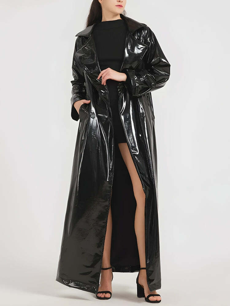 Trendy Y2K Black Trench Coat - Coquette Aesthetic Outerwear