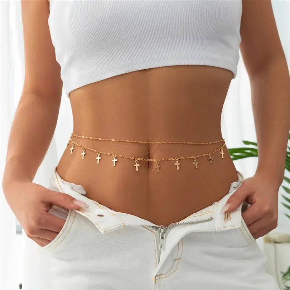 Trendy Y2K Coquette Aesthetic Cross Belly Chain for Unique Outfits