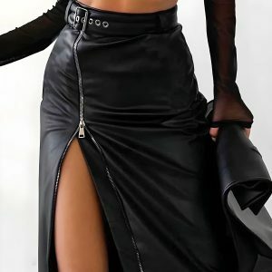 Trendy Y2K Coquette Zip-Up Slit Midi Pencil Skirt for Aesthetic Outfits