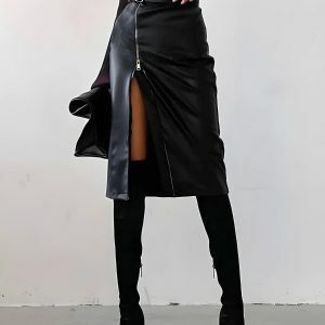 Trendy Y2K Coquette Zip-Up Slit Midi Pencil Skirt for Aesthetic Outfits