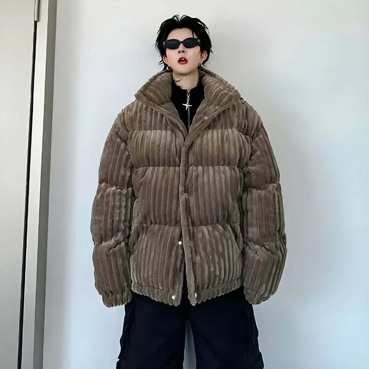 Trendy Y2K Corduroy Buttoned Puffer Jacket for Aesthetic Outfits