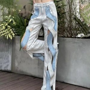 Trendy Y2K Cut Out Patch Denim Jeans for Aesthetic Outfits