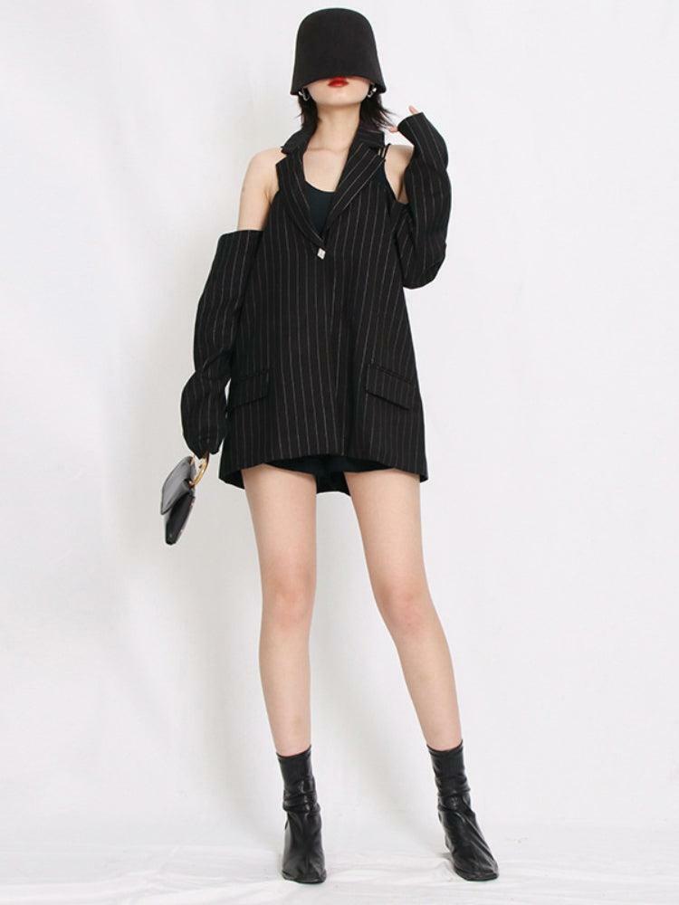 Trendy Y2K Cut-Out Striped Blazer for Aesthetic Coquette Outfits