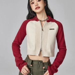 Trendy Y2K Double Zip-Up Crop Cardigan for Aesthetic Outfits