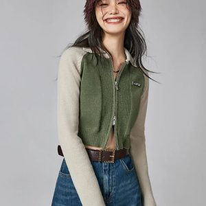 Trendy Y2K Double Zip-Up Crop Cardigan for Aesthetic Outfits