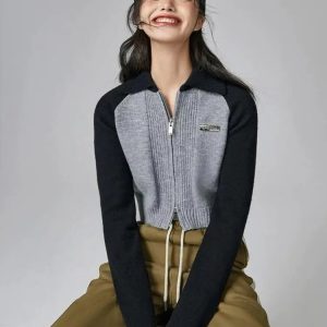 Trendy Y2K Double Zip-Up Crop Cardigan for Aesthetic Outfits