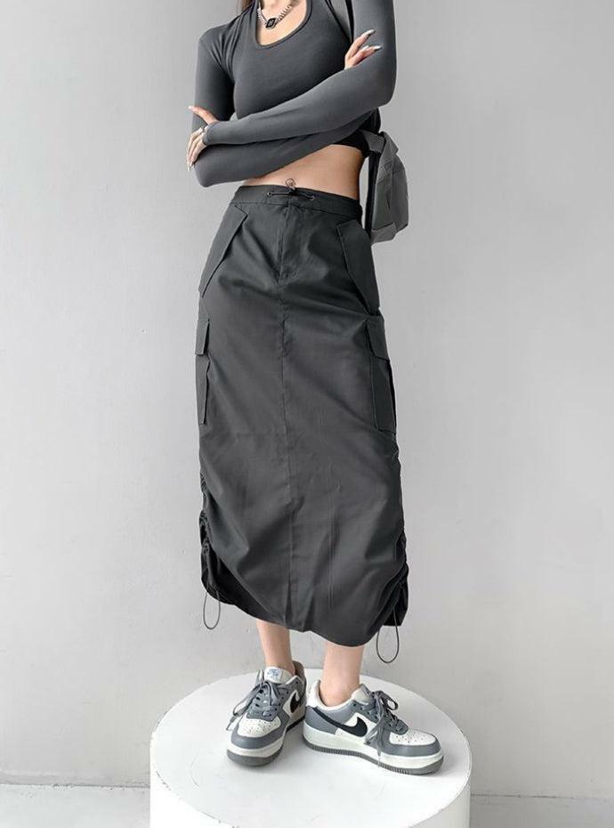 Trendy Y2K Drawstring Parachute Midi Skirt for Aesthetic Outfits