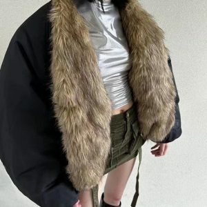 Trendy Y2K Faux Fur Puffer Jacket for Aesthetic Outfits & Styles