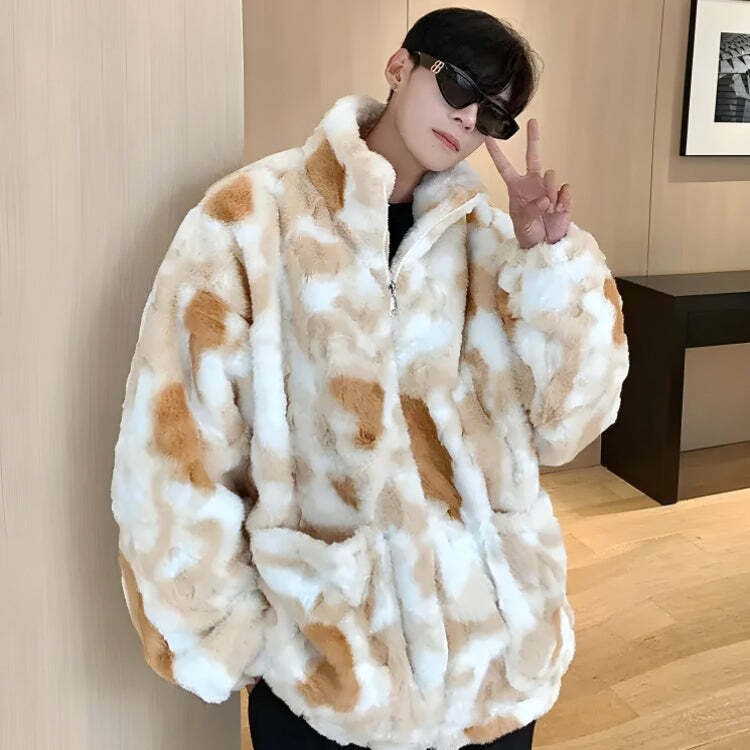 Trendy Y2K Faux Fur Zip-Up Teddy Jacket for Aesthetic Outfits