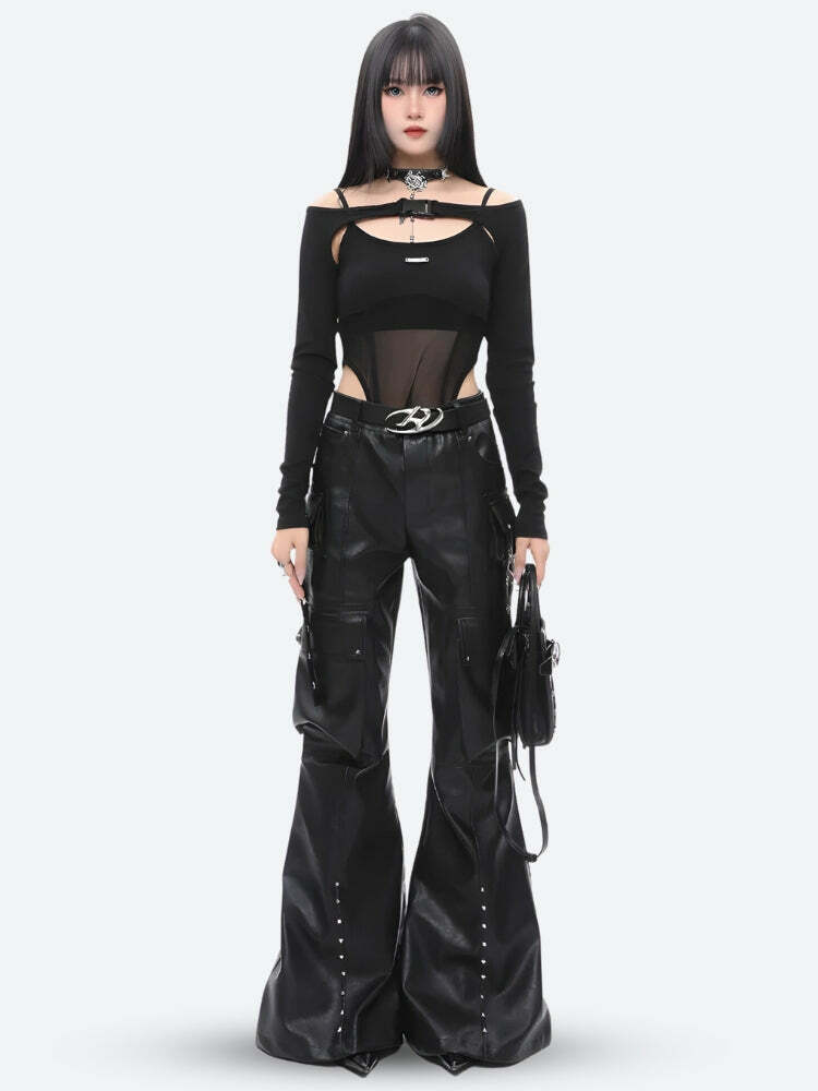 Trendy Y2K Faux Leather Cargo Pants for Aesthetic Outfits