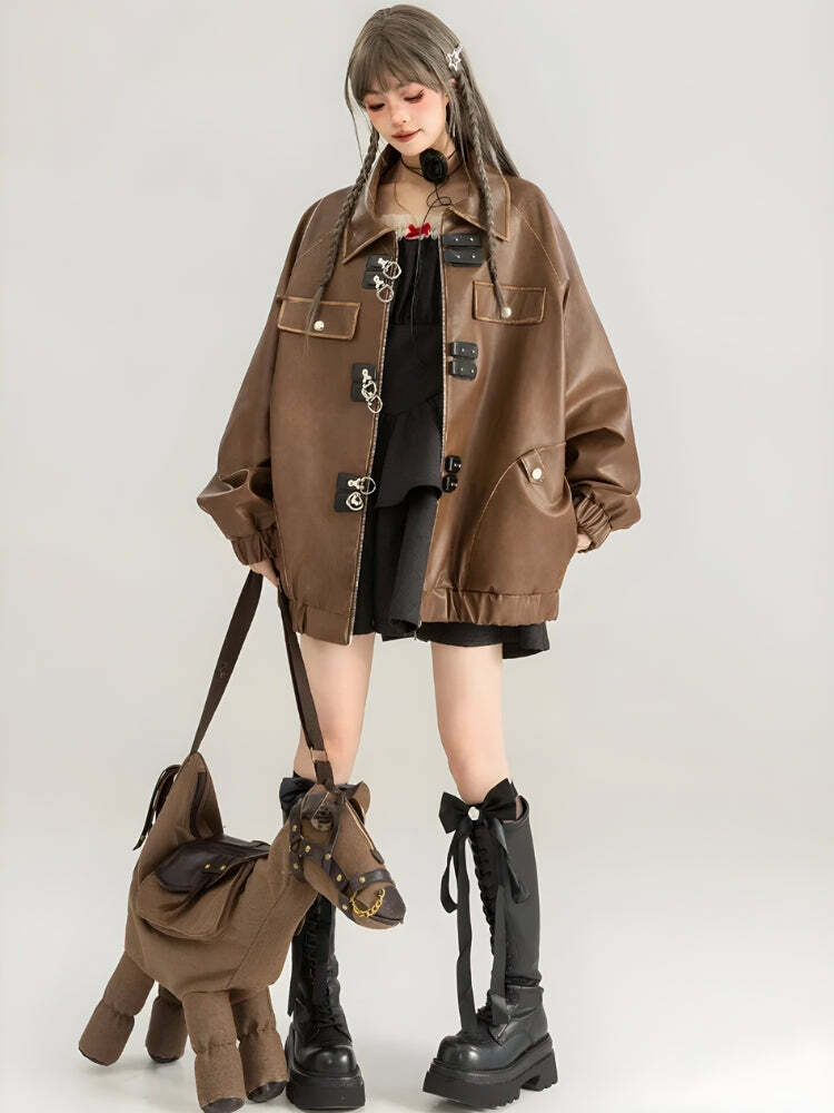 Trendy Y2K Faux Leather Oversized Jacket for Aesthetic Outfits