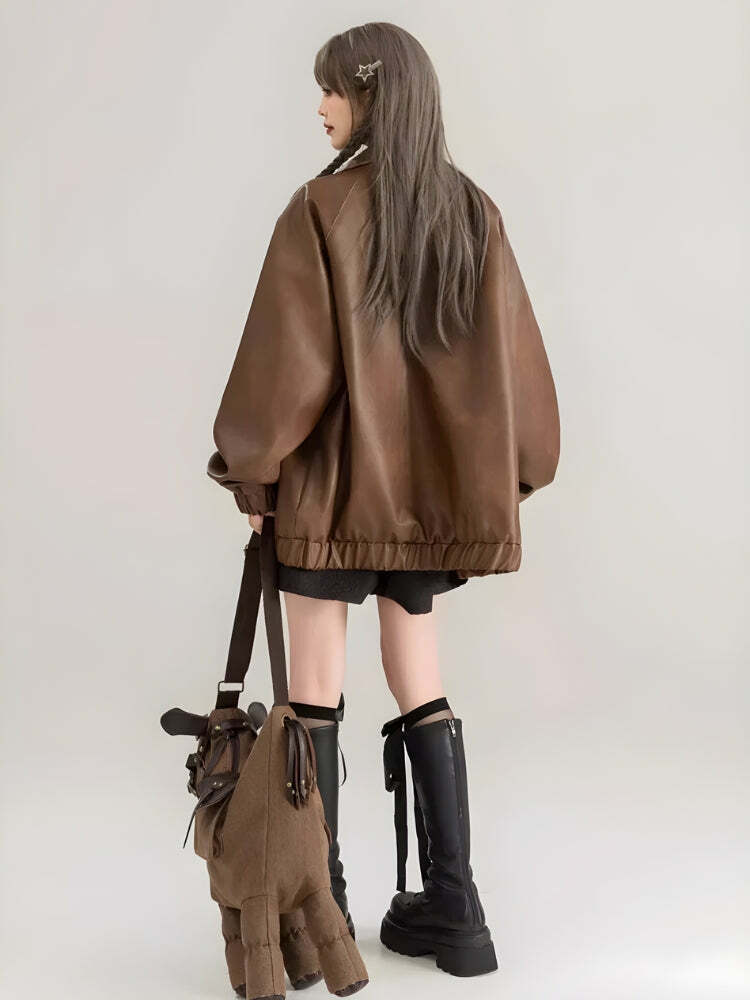 Trendy Y2K Faux Leather Oversized Jacket for Aesthetic Outfits