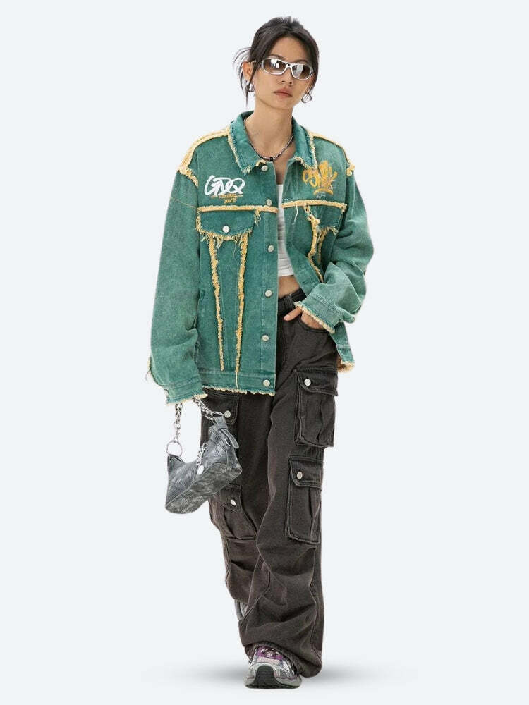 Trendy Y2K Green Denim Jacket - Aesthetic Coquette Style Outerwear