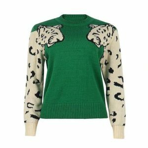 Trendy Y2K Green Leopard Sweater - Aesthetic Coquette Style Top