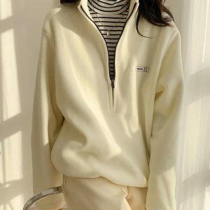 Trendy Y2K Half Zipper Fleece Sweatshirt for Aesthetic Outfits