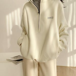 Trendy Y2K Half Zipper Fleece Sweatshirt for Aesthetic Outfits