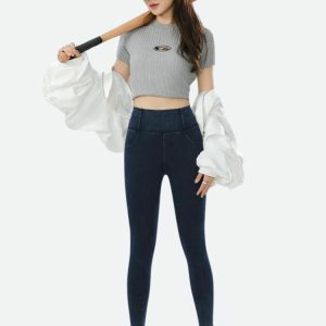 Trendy Y2K High Rise Denim Jeggings for Aesthetic Outfits