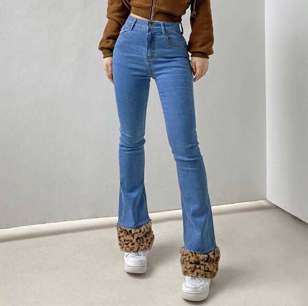 Trendy Y2K Leopard Cuffed Jeans - Aesthetic Coquette Style Outfit