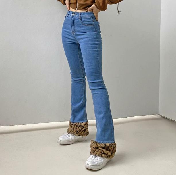 Trendy Y2K Leopard Cuffed Jeans - Aesthetic Coquette Style Outfit