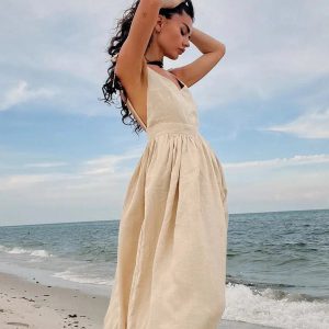 Trendy Y2K Linen Midi Dress - Coquette Aesthetic & Fashion Styles