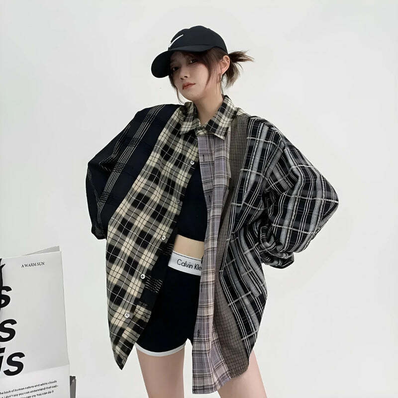 Trendy Y2K Multi-Pattern Plaid Shirt for Aesthetic Outfits