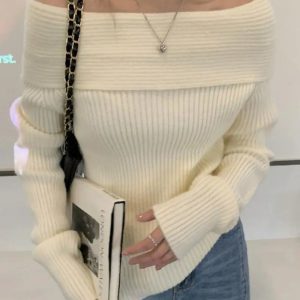 Trendy Y2K Off Shoulder Knitted Sweater - Aesthetic Coquette Style