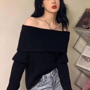 Trendy Y2K Off Shoulder Knitted Sweater - Aesthetic Coquette Style