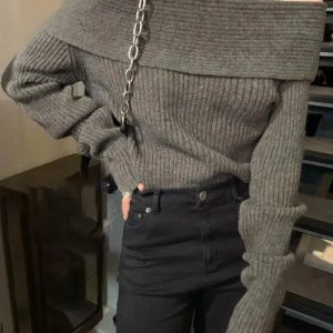 Trendy Y2K Off Shoulder Knitted Sweater - Aesthetic Coquette Style