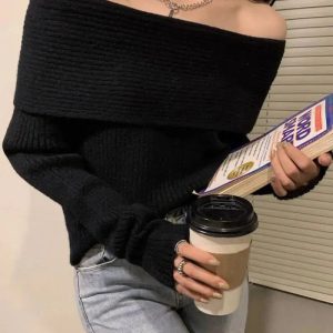 Trendy Y2K Off Shoulder Knitted Sweater - Aesthetic Coquette Style