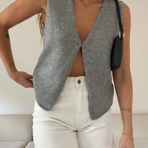 Trendy Y2K Open Front Knitted Cardigan Vest for Aesthetic Outfits