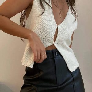 Trendy Y2K Open Front Knitted Cardigan Vest for Aesthetic Outfits