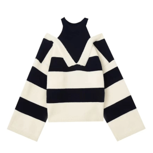 Trendy Y2K Open Shoulder Stripe Sweater - Aesthetic Coquette Style