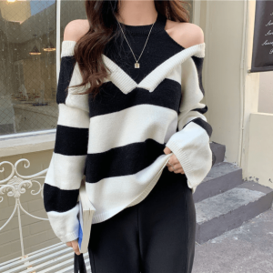 Trendy Y2K Open Shoulder Stripe Sweater - Aesthetic Coquette Style