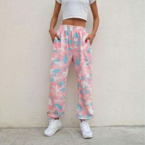 Trendy Y2K Pink Camouflage Pants for Aesthetic Outfits & Styles