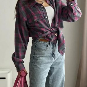 Trendy Y2K Plaid Shirt - Aesthetic Coquette Style for Unique Outfits