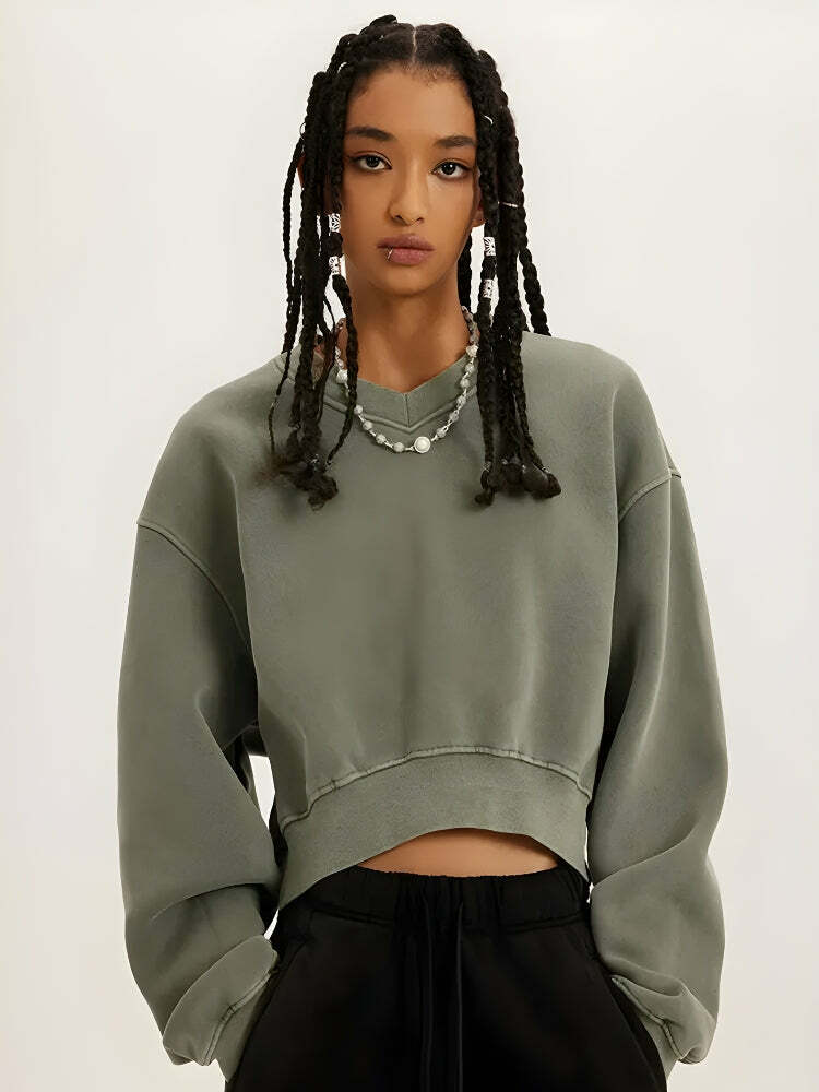 V-Neck Drop Shoulder Cropped Sweatshirt - Y2K Coquette Aesthetic Top