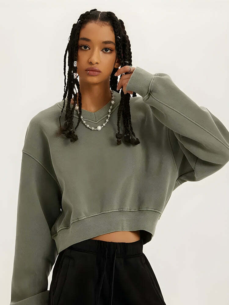 V-Neck Drop Shoulder Cropped Sweatshirt - Y2K Coquette Aesthetic Top